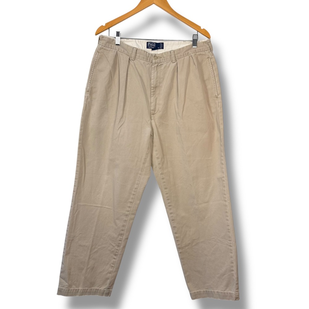 Vintage Polo Ralph Lauren Andrew Pant Men 36x30 Beige Pleated Cotton Chino Prepp